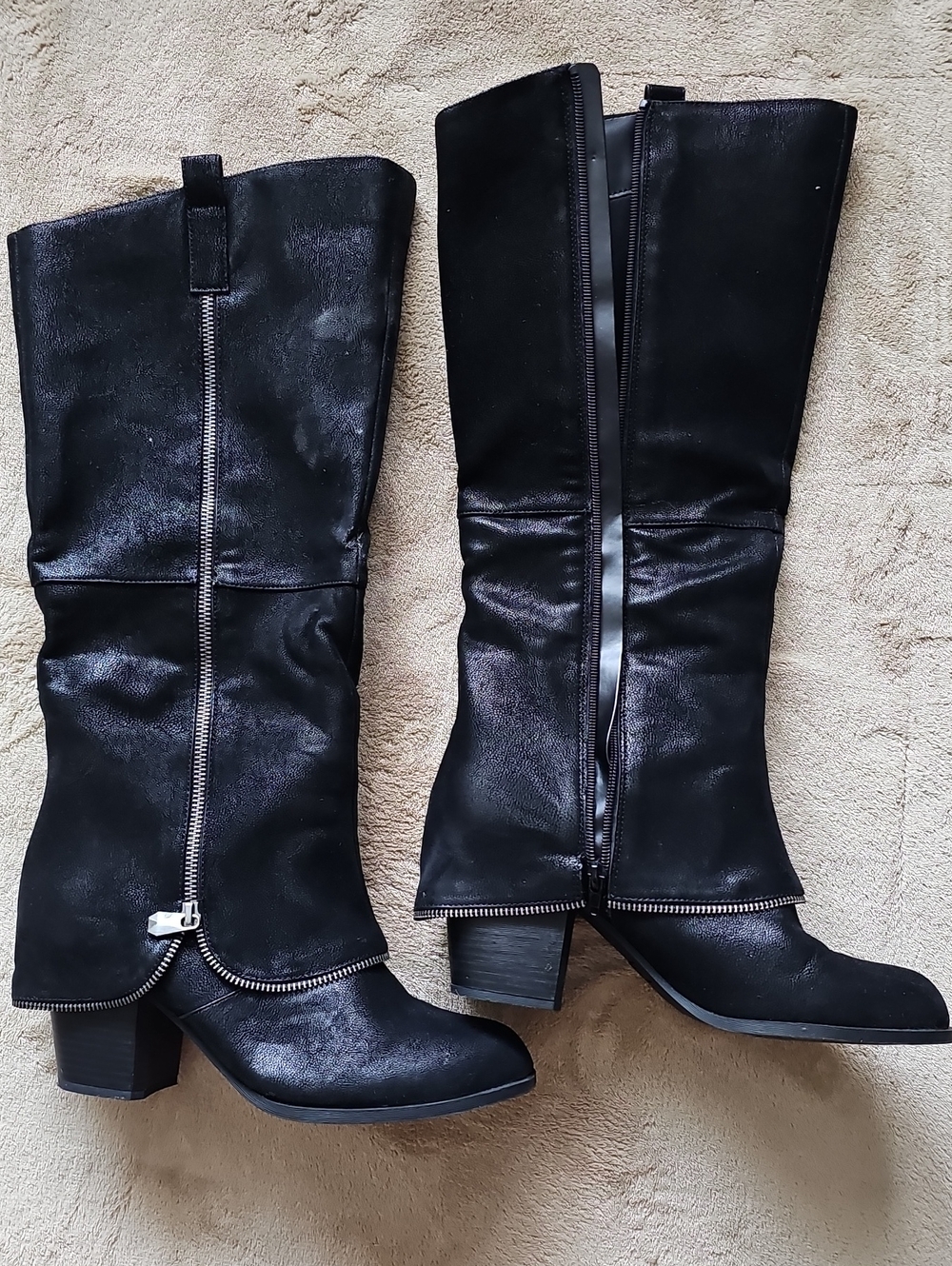 Tall Black Leather Zip Block Heel Boots